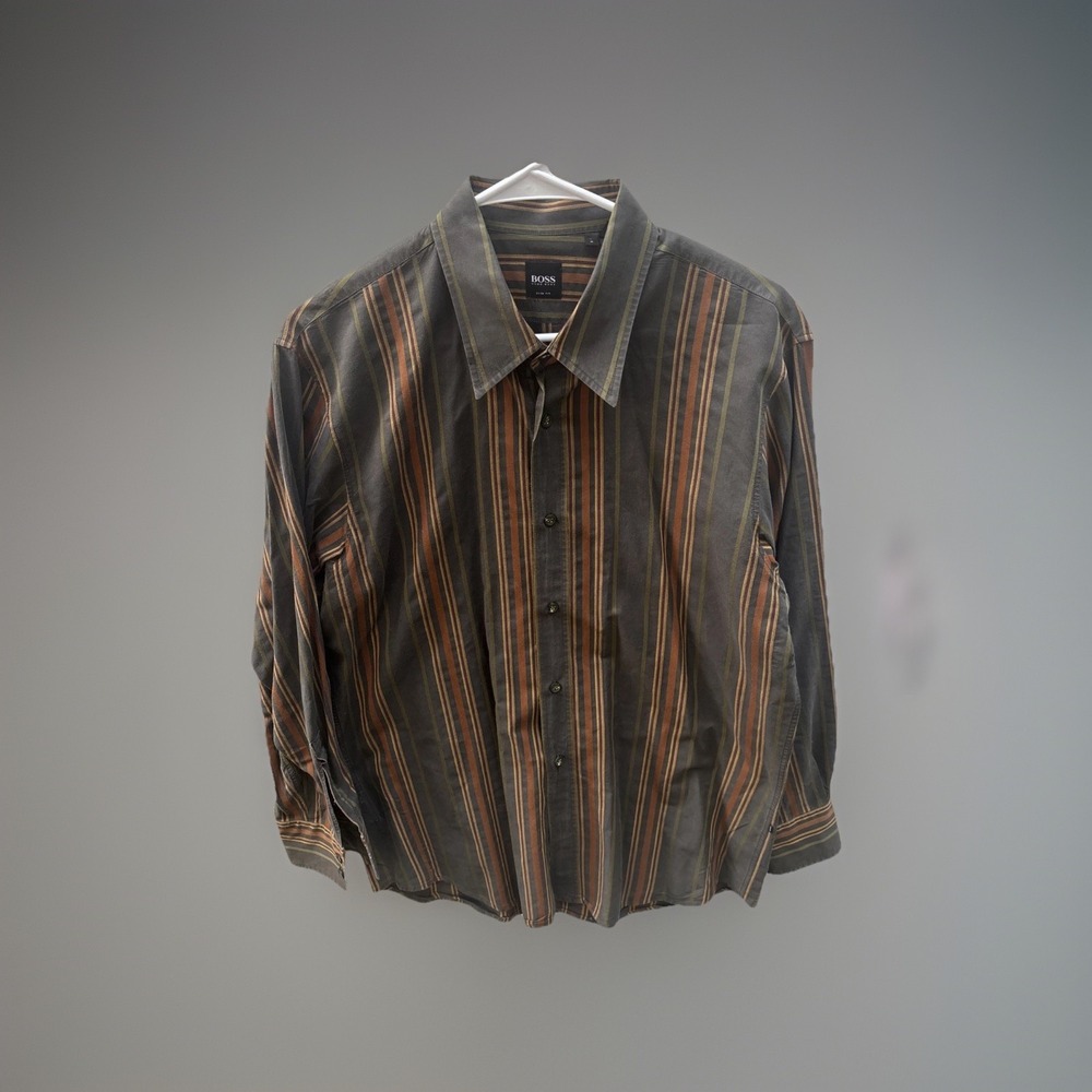 Hugo Boss Slim Fit Men's Shirt L Striped Long Sleeve Brown Orange Green Romania